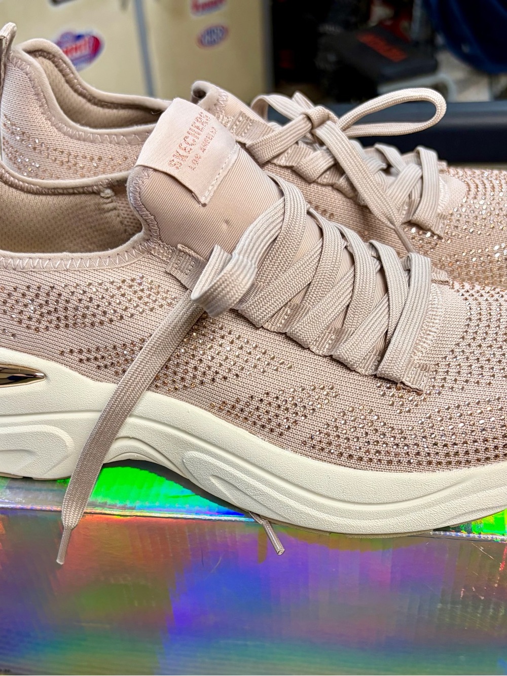 Skechers Taupe Knit Slip-On Athletic Sneakers with Sparkle